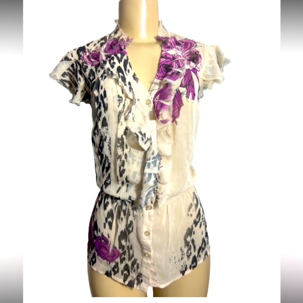 Jonathan Martin‎ White &Purple floral& cheetah Cap Sleeve Blouse size small